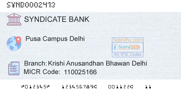 Syndicate Bank Krishi Anusandhan Bhawan DelhiBranch 
