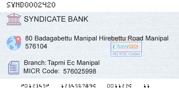 Syndicate Bank Tapmi Ec ManipalBranch 