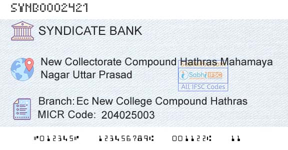 Syndicate Bank Ec New College Compound HathrasBranch 