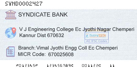 Syndicate Bank Vimal Jyothi Engg Coll Ec ChemperiBranch 