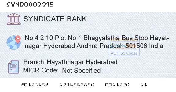 Syndicate Bank Hayathnagar HyderabadBranch 