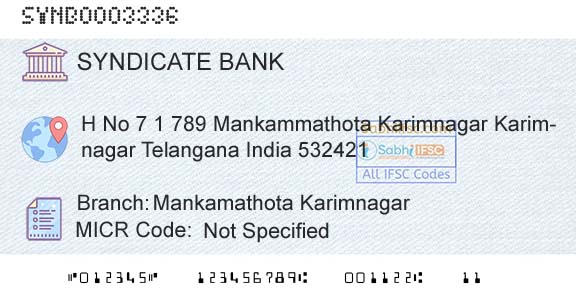 Syndicate Bank Mankamathota KarimnagarBranch 
