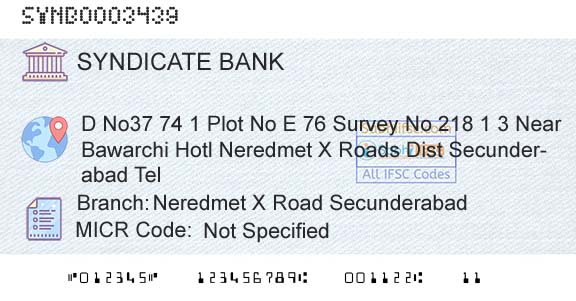 Syndicate Bank Neredmet X Road SecunderabadBranch 