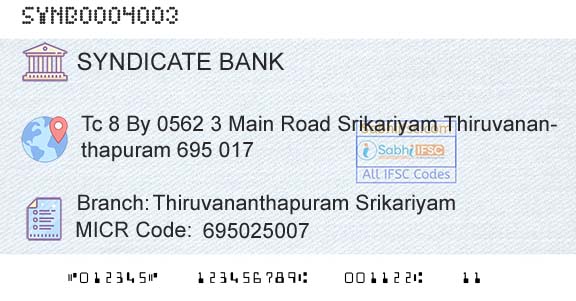 Syndicate Bank Thiruvananthapuram SrikariyamBranch 