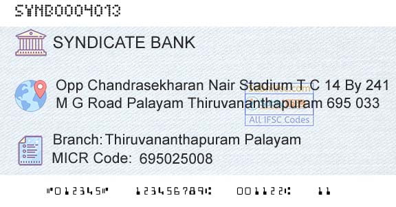 Syndicate Bank Thiruvananthapuram PalayamBranch 