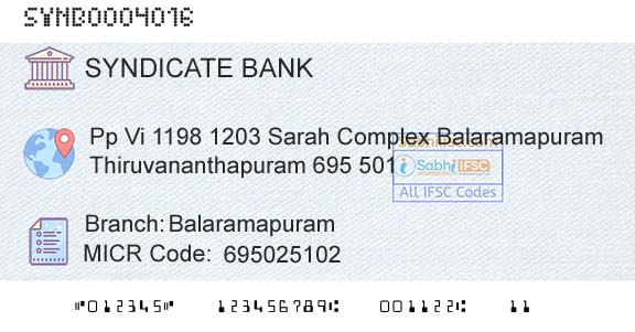 Syndicate Bank BalaramapuramBranch 