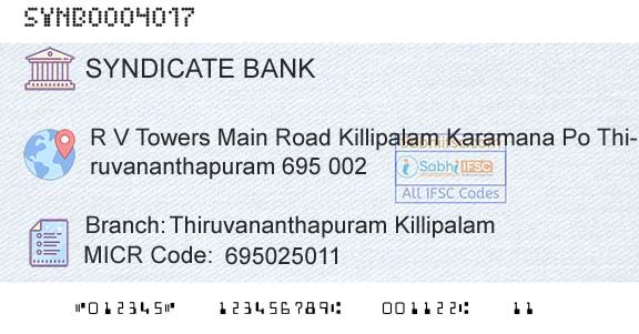 Syndicate Bank Thiruvananthapuram KillipalamBranch 