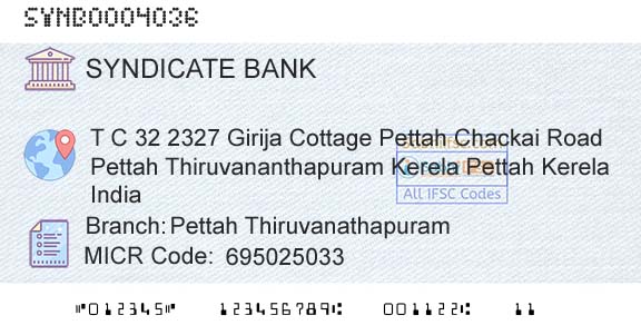 Syndicate Bank Pettah ThiruvanathapuramBranch 