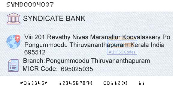 Syndicate Bank Pongummoodu ThiruvananthapuramBranch 
