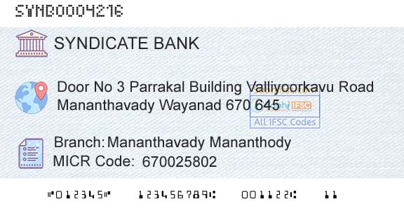 Syndicate Bank Mananthavady MananthodyBranch 