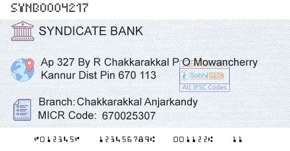 Syndicate Bank Chakkarakkal AnjarkandyBranch 