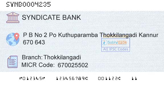 Syndicate Bank ThokkilangadiBranch 