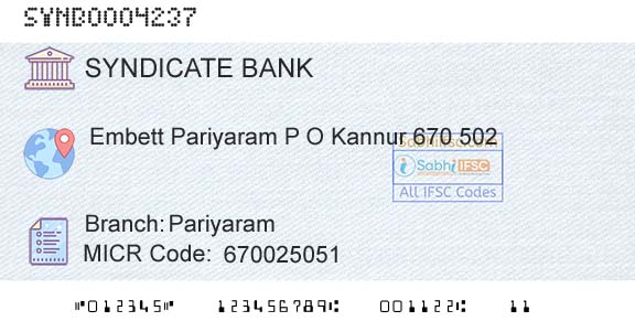 Syndicate Bank PariyaramBranch 