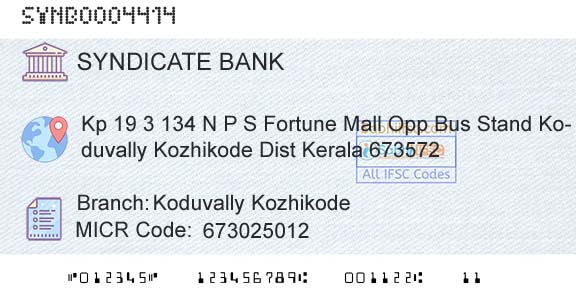 Syndicate Bank Koduvally KozhikodeBranch 