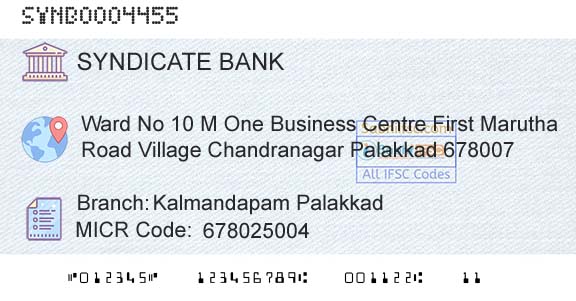 Syndicate Bank Kalmandapam PalakkadBranch 