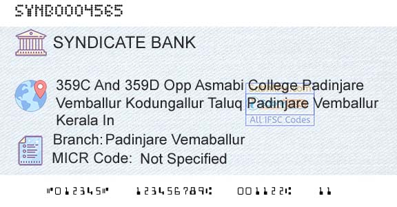 Syndicate Bank Padinjare VemaballurBranch 