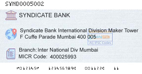 Syndicate Bank Inter National Div MumbaiBranch 
