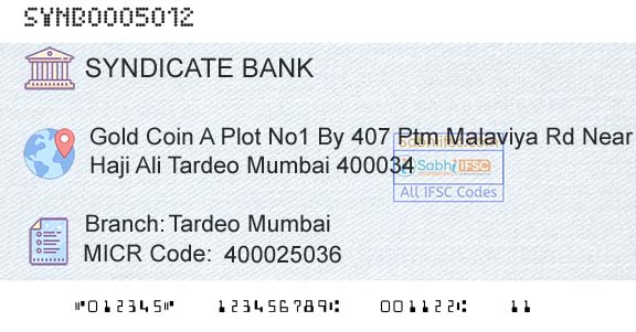 Syndicate Bank Tardeo MumbaiBranch 