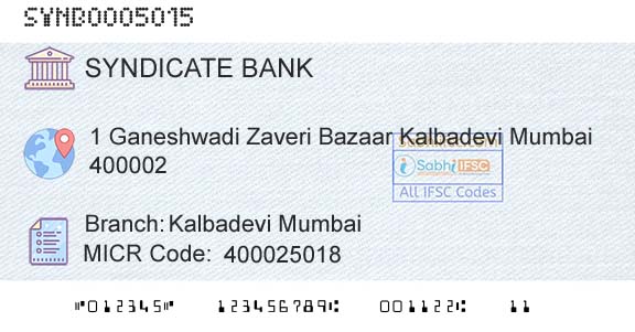 Syndicate Bank Kalbadevi MumbaiBranch 