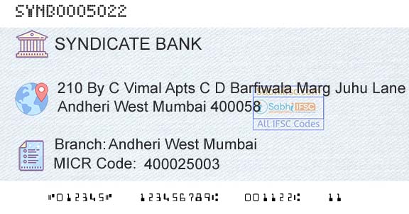 Syndicate Bank Andheri West MumbaiBranch 