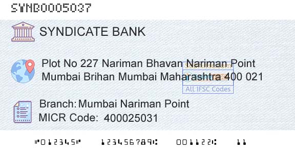Syndicate Bank Mumbai Nariman PointBranch 