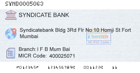 Syndicate Bank I F B Mum BaiBranch 