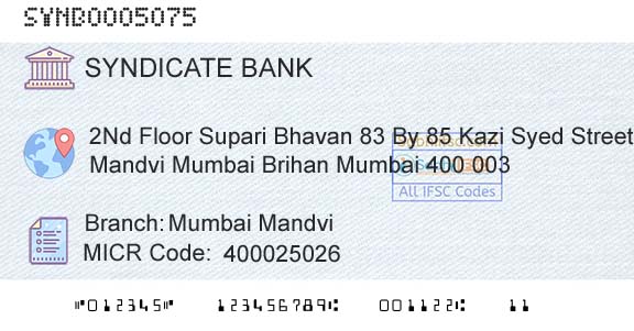 Syndicate Bank Mumbai MandviBranch 