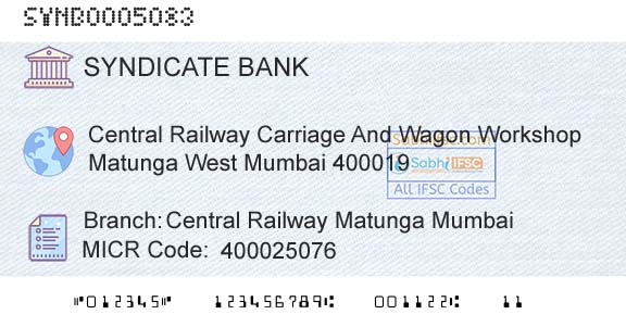 Syndicate Bank Central Railway Matunga MumbaiBranch 