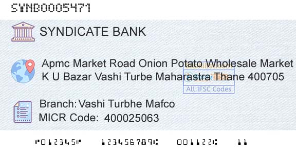 Syndicate Bank Vashi Turbhe MafcoBranch 