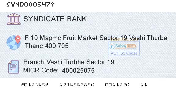 Syndicate Bank Vashi Turbhe Sector 19Branch 