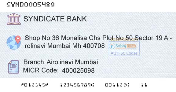 Syndicate Bank Airolinavi MumbaiBranch 