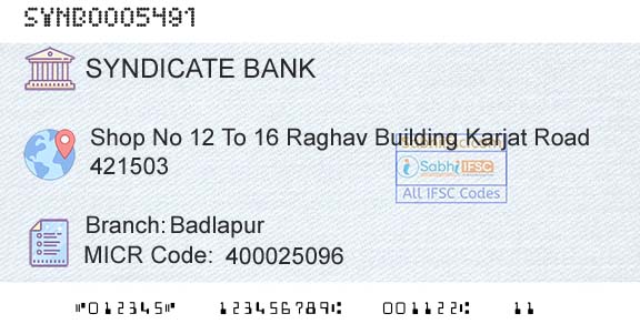 Syndicate Bank BadlapurBranch 