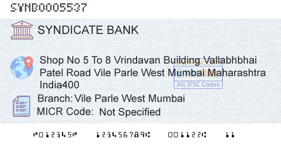 Syndicate Bank Vile Parle West MumbaiBranch 