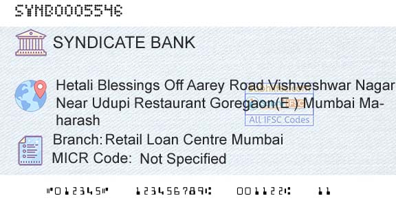 Syndicate Bank Retail Loan Centre MumbaiBranch 
