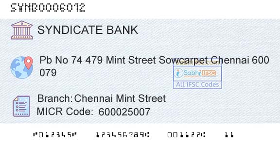 Syndicate Bank Chennai Mint StreetBranch 