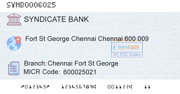 Syndicate Bank Chennai Fort St GeorgeBranch 