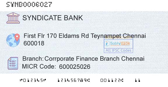 Syndicate Bank Corrporate Finance Branch ChennaiBranch 