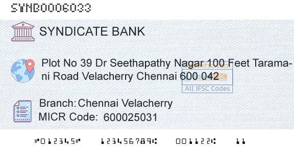 Syndicate Bank Chennai VelacherryBranch 