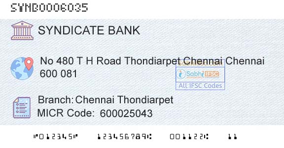 Syndicate Bank Chennai ThondiarpetBranch 