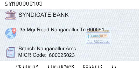Syndicate Bank Nanganallur AmcBranch 