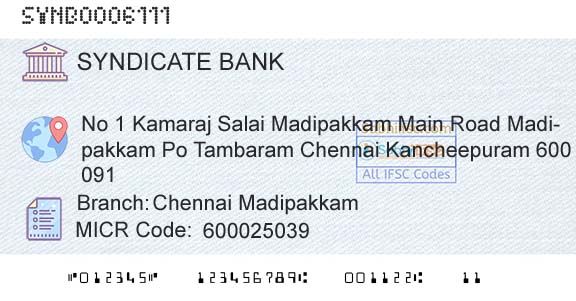 Syndicate Bank Chennai MadipakkamBranch 