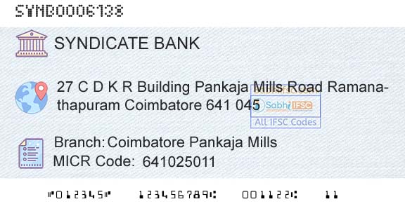 Syndicate Bank Coimbatore Pankaja MillsBranch 