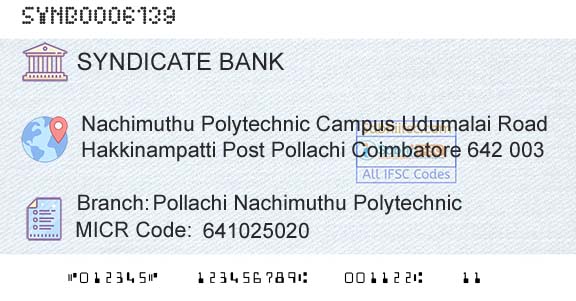 Syndicate Bank Pollachi Nachimuthu PolytechnicBranch 