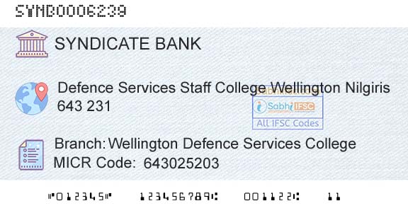 Syndicate Bank Wellington Defence Services CollegeBranch 