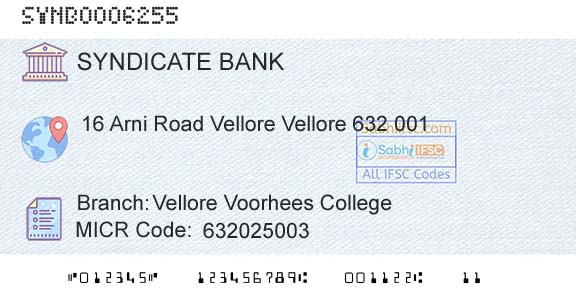 Syndicate Bank Vellore Voorhees CollegeBranch 