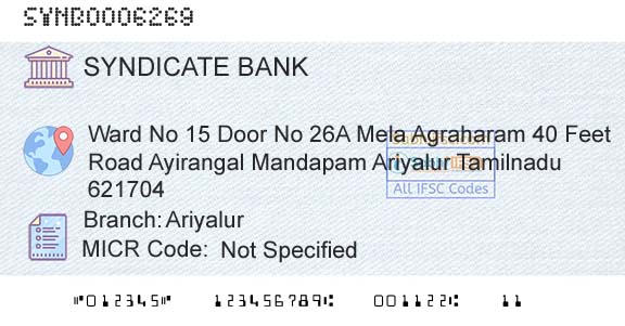 Syndicate Bank AriyalurBranch 