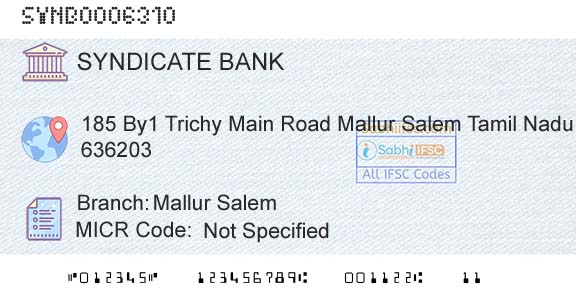 Syndicate Bank Mallur SalemBranch 