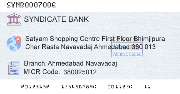 Syndicate Bank Ahmedabad NavavadajBranch 