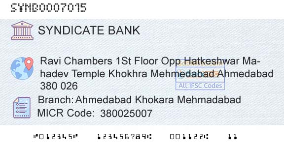 Syndicate Bank Ahmedabad Khokara MehmadabadBranch 