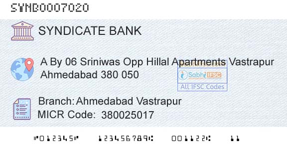 Syndicate Bank Ahmedabad VastrapurBranch 